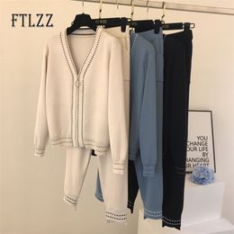 Women 2 Piece Set Spring Autumn Womens Clothing Fashion V Neck Zipper Sweater And Slim Pants Knitted Two Outfit Femme 211106