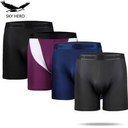 4pcs/pack Men's Long Shorts Mesh Panties Boxers Homme Sexy Underwear Man Underpants Male Ice Silk Moda Hombre Gifts for Men 210730