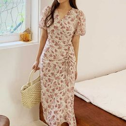 Vintage French Floral Dress Design Bandage Women Chiffon Elegant Summer Beach Slim Puff Sleeve Long Fairy Femme 210604