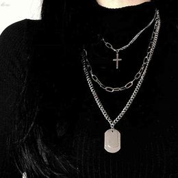 2021 Fashion Hip Hop Multilayer Necklace Metal Cross Pendant Silver Color Chain Necklace for Women Men Unisex Jewelry G1206