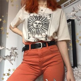 kuakuayu HJN The Future Is In Your Hands Sun And Moon Print Beige T-Shirt Vintage Fashion Grunge Style Tee Aesthetic Shirt 210306