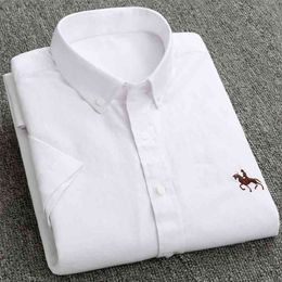 Summer Oxford Cotton Men Shirt Short Sleeve White social Shirt Casual Solid Formal Comfort Button-down Official work Dress shirt 210714