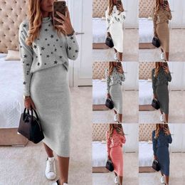 Women Casual 2 Piece Set Autumn Winter Turtleneck Long Sleeve Loose Print Top + Slim Pencil Skirt Fashion Office Lady Suits 211119