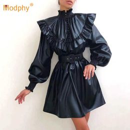 Winter Pu Leather Ruffle A-line Dress Vestidos Sexy Stand Collar Lantern Long Sleeve Belt Celebrity Club Party 210527