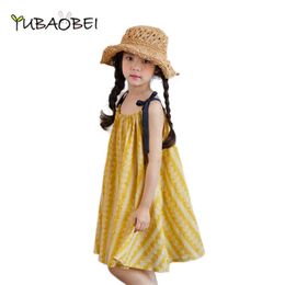 2020 Baby Girls Cotton Loose Beach Braces Dress Summer Children's Clothing Fashion Flower Stripe Yellow Dress Kids Clothes Q0716