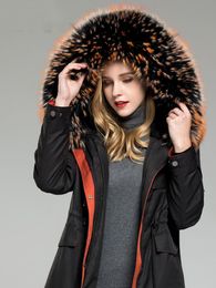 Women's Fur & Faux Fashion High Quality Rex Coat Real Raccoon Collar Hooded Woman Parkas Warm Female Jacket Mujer Zjt547