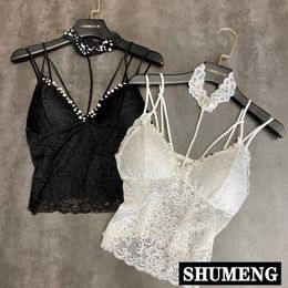 2020 Summer New Pearl Beaded Halter Lace Camisole Slim Sexy Vest Female Black/white Bralette Nightclub Tube Tops X0726