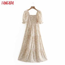 Tangada Summer Women Leopard Print Long Dress Puff Short Sleeve Square Collar Ladies Pleated Sundress XN283 210609