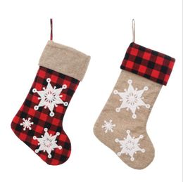 Red Plaid Christmas Stocking Xmas Tree Sock Hanging Pendant Gift Candy Bag Snowflake Pattern Socks Festival Home Decoration