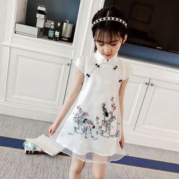 Children qipao dress traditional chinese dress flower girls cheongsam for kids princess crane print mesh turtleneck clothes 210303