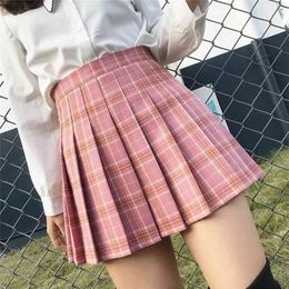 Xadrez verão mulheres saia harajuku cintura alta costura estudante plissado saia doce doce meninas dançam mini saia xs-3xl 210721