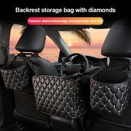 Car Organizer Bling Crystal Seat Back Storage Bag PU Leather Hanging Pocket Auto Interior Stowing Tidying Accessories