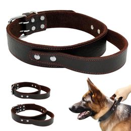 Dog Collars & Leashes Quick Control Collar Genuine Leather Big Dogs For Pet Training Brown With Handle Medium Large M L