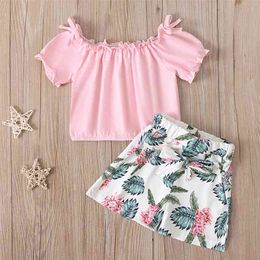 Summer Children Sets Short Sleeve Pink Solid T-Shirt Print Floral Shorts Girl Boys Clothes 18-6T 210629