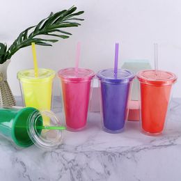 5 Colour 16oz Double Insulated Magic Plastic Reusable Drinking Tumblers With Lid Straws Beer Mugs Coffee Cups sea shipping ZC082