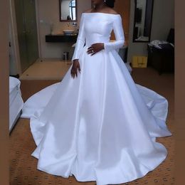 New Cheap Simple Plus Size A-Line Wedding Dresses Off Shoulder Long Sleeves Pleats Sweep Train Bridal Gown Wedding Dress Vestidos