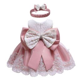 Baby Dress Lace Christening Gown Baptism Clothes Headband Newborn Kids Birthday Princess Infant Party Costume E8348 G1129