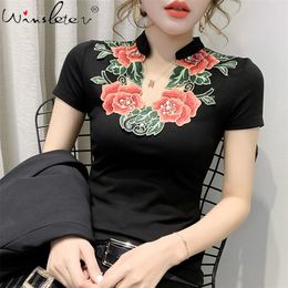 Women Cotton T-Shirts New Short Sleeve V-neck Tee Tops Summer Chinese Floral Embriodery T-Shirts Design For Show T03610B 210315