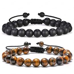 8mm Tiger Eye Bracelet Set Adjustable Natural Black Matte Stone Braided Rope Yoga Beads Bracelets for Men Women Jewelry