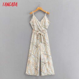 Tangada Summer Women Leaves Print Long Jumpsuit Spaghetti Strap Female Casual Jumpsuit 1F200 210609