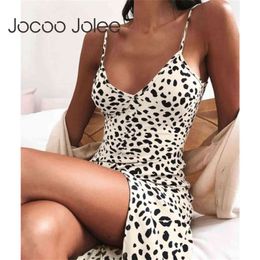 Jocoo Jolee Women Sexy Strap Leopard Print A Line Dress Elegant Split Mini Sundress Vintage Party Club Bodycon Dress 210619