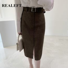 REALEFT Autumn Winter Woolen Women Wrap Skirt with Belt New Fashionable Office Ladies High Waist Split Elegant Midi Skirts 210309