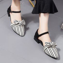 Summer Women Sandals Pointed Toe Ankle Strap Sandals Striped Flat Sandals Woman Flats Bow Ladies Shoes mujer 6592