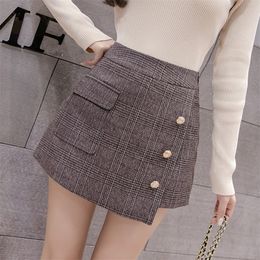 Autumn Pocket Wool Warm Winter Shorts Women Slim Fashion Button Plaid Skirt For Women Retro Women Plus Size Mini Skirts 210311