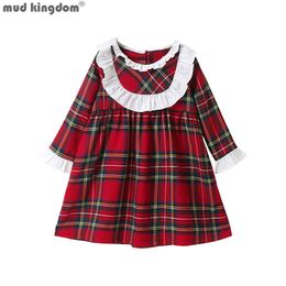 Mudkingdom Little Girl Plaid Dress Long Sleeve Cute Collar Spring and Autumn Petal A-line 210615