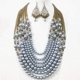 -Pendientes Collar Fresco Gris 7 Filas Elegante Concha redonda Simulada-Pearl Crystal Beads Charm Jewelry Set 19-27.5inch B1311