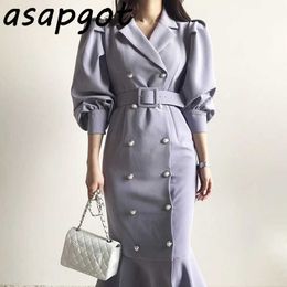 French Notched Pearl Double Breasted Temperament Elegant Dress Long Slim Warp Hip Empire Full Puff Sleeve Mermaid Dress Bandage 210610