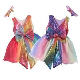 Gradient Sequined Girls Dress Summer Sleeveless Kids Dresses for Girls Princess Party Rainbow Ball Gown Children Clothes Q0716