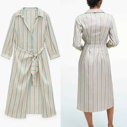 ZA Spring Asymmetric Striped Shirt Dress Women Long Sleeve Vintage Party Dresses Woman Fashion Button Up Knotted Vestidos 210602