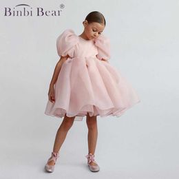 Summer Princess Vintage Dress Girls Tulle Child Puff Sleeve Pink Wedding Party Birthday Clothes Children Dresses Kids Vestidos Q0716