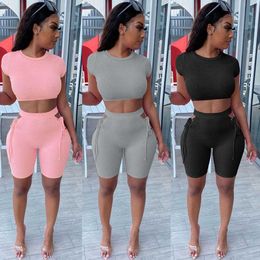 Echoine Summer Short Sleeve Ribbed Skinny Shorts Set Hollow Out Grommet Lace Up Two Piece Set Tracksuit Work Out Sporty Suit NEW Y0702