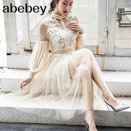 Women Fashion Dress Stand Collar Lantern Sleeve Mesh See-through Lace Embroidery Fairy Femme Vestidos Robe 210623