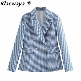 Klacwaya Women 2021 New Blazer Plaid Printing Double-Breasted Long Sleeve Coat Ladies Office Blazers Casual Suit Women Jacket X0721