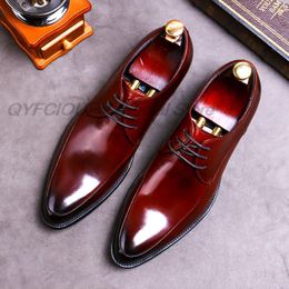 Italian Pointed Toe Men Dress Shoes Genuine Leather Mens Oxfords Burgundy Black Formal Office Shoes Party Wedding Shoes For Men
