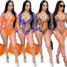 Women bikini 3 piece set sexy swimwear halter padded bra+bikini bottom+long sleeve cardigan summer clothes fashion letter bathing suit Plus size 4637