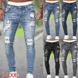 Men Jeans Regular Fit Hole Jean Pants Spring Autumn Streetwear Mens Casual Denim Ripped Skinny Trousers Slim Biker Outwear 210716
