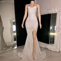Simple Side Split Prom Dresses Sequin Mermaid Evening Gowns Backless robe de soirre mariage Women Party Wear