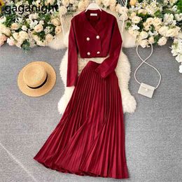Elegant Women Two Pieces Set Crop Solid Blazer Long Pleated Skirt Fashion Suit 2 Autumn Drop 210601