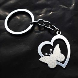 Butterfly On The Heart Keychains Stainless Steel Insect Keyring Fashion Jewelry For Children Girls G1019
