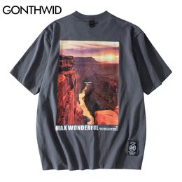 GONTHWID Oversize Tshirt Streetwear Hip Hop Casual Mountain Sunset Print Short Sleeve Cotton T-Shirts Fashion Harajuku Tees Tops C0315