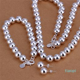 Factory Price 925 sterling silver plated 10MM prayer beads necklace & bracelet & earrings Fashion Jewellery Set wedding gift for woman