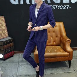 Suits Men 2021New Summer High Quality Men's Striped Single Button Middle Sleeve Slim Two Piece Mens Suit X0909