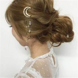 Hair Clips & Barrettes 1pc Moon Crystal Stars Tassel Pendant Clip Decoration On Hairdresser Hairpin Women Girls Headwear Fashion Jewellery