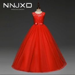 5-14 Years High-end Girls Wedding Party Lace Girl Dress Bridesmaid Clothes Princess Gowns Teen Girl Red Tulle Evening Dresses Q0716