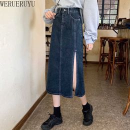 WERUERUYU Sexy Denim Skirts Women Fashion Split Mid Calf Length Skirts Vintage Pocket Blue Ladies High Waist Midi Skirt 210608