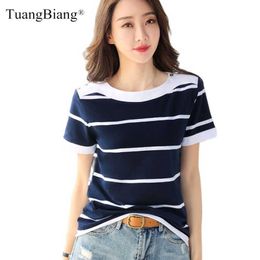 Lady 2021 Summer Blue White Striped Short Sleeve Cotton T-Shirt Women Button O-Neck Elegant Plus Size Tshirt Female Fashion Tops X0628